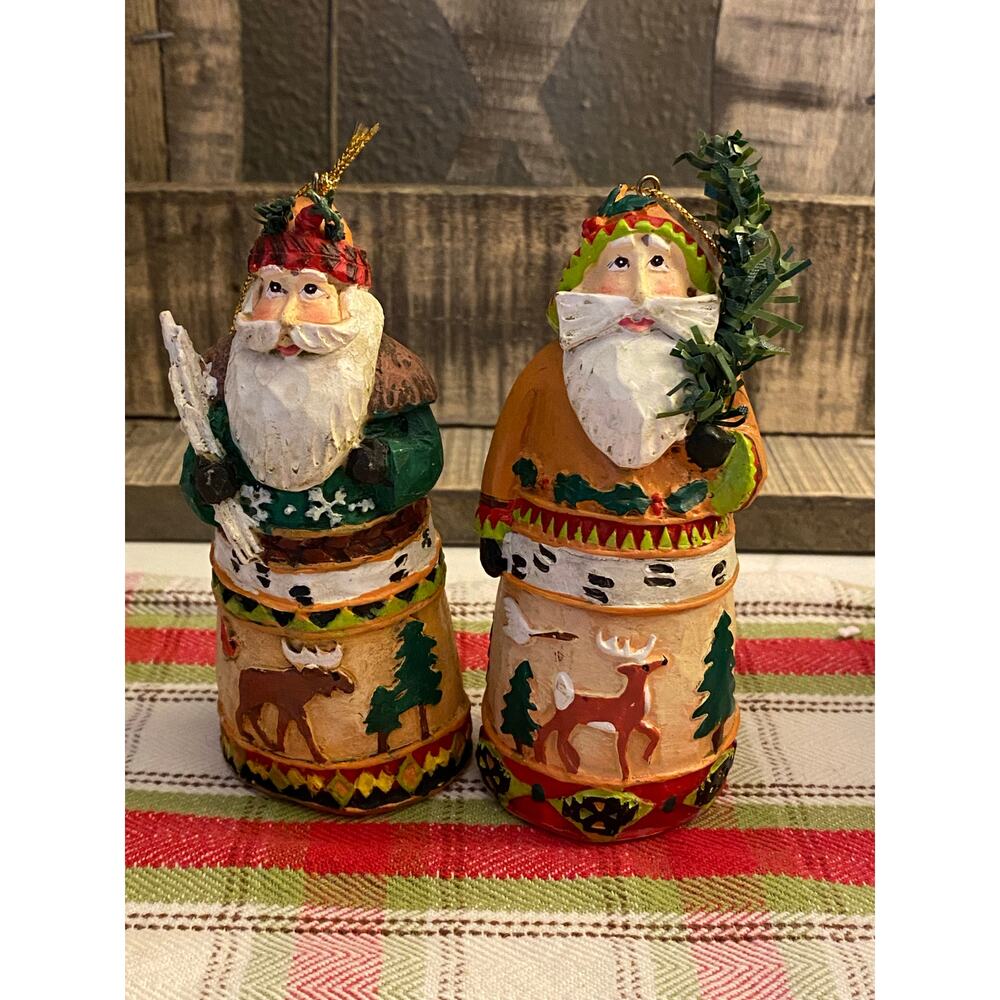 Pair of VINTAGE FOLK ART Santa Ornaments